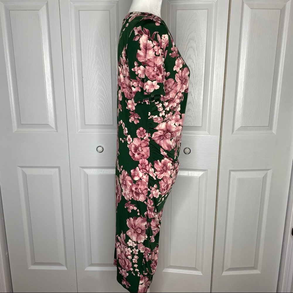 🔥SOLD🔥 Boutique Floral Rouched Midi Dress Green Pink S-L - Picture 7 of 15